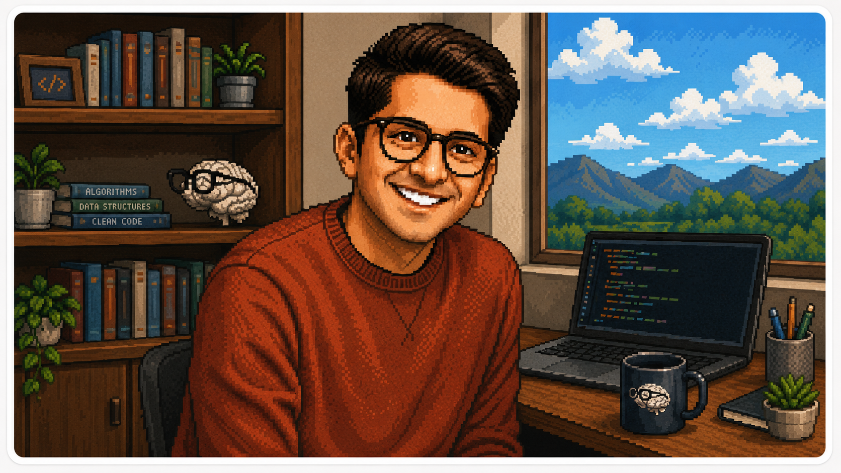 Abhishek in his workspace — pixel-art portrait
